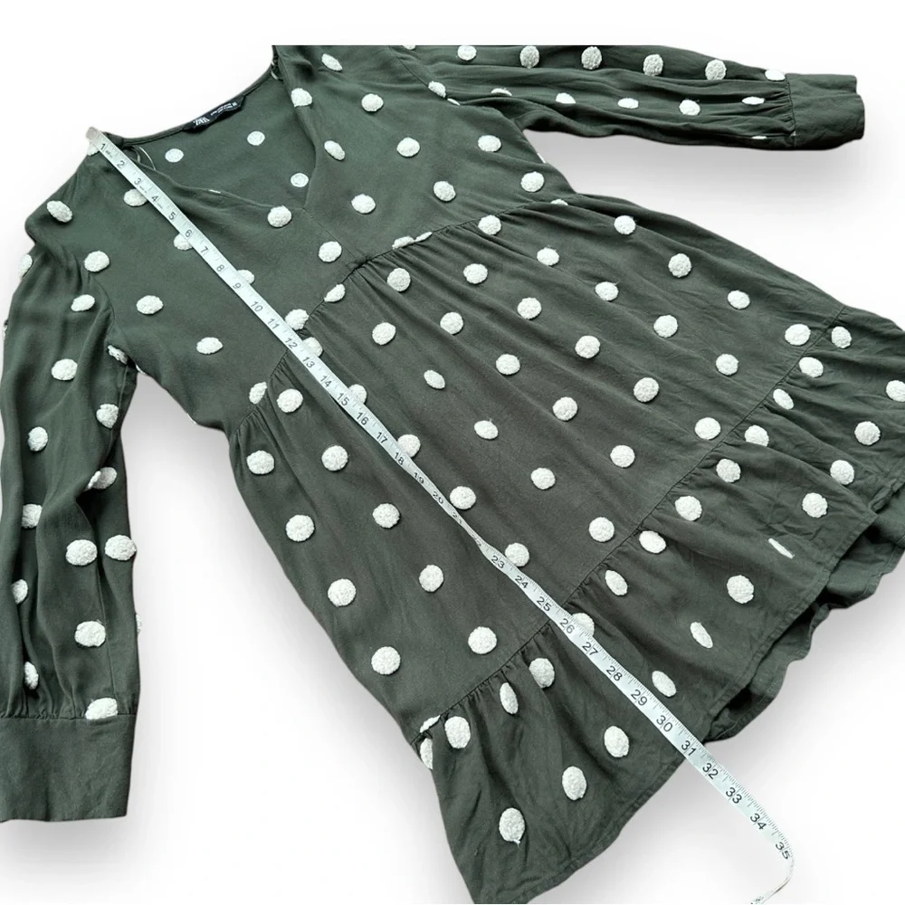 Zara Khaki Green Embroidered Polka Dot Long Sleeve Baby-Doll Dress | Medium - Picture 11 of 14